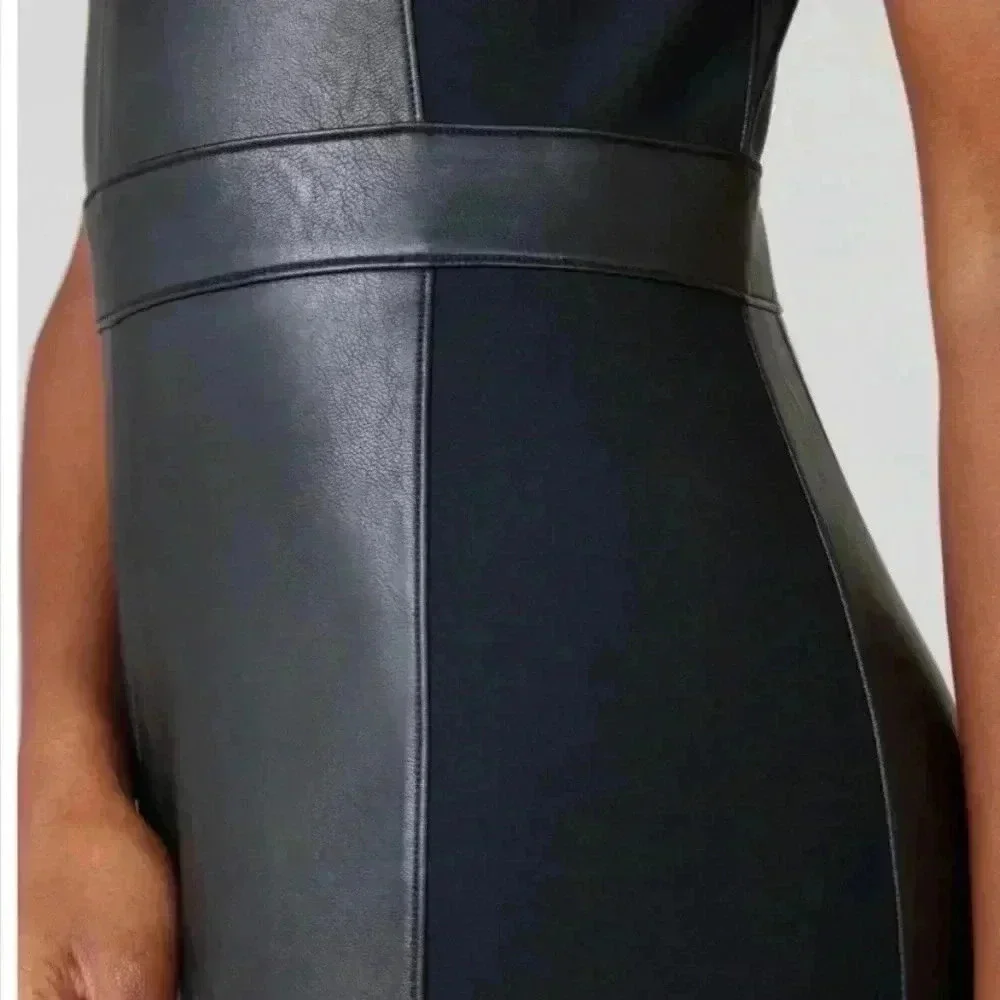 New SPANX Leather Ponte Midi Dress Sheath Stretch Faux Office Siren Boardroom